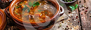 Rich Rustic Soup in Clay Pot, Hot Beef Broth, Meat Bouillon with Greenery Spices in Ceramic Cookware
