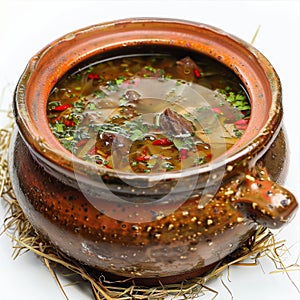 Rich Rustic Soup in Clay Pot, Hot Beef Broth, Meat Bouillon with Greenery Spices in Ceramic Cookware