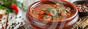 Rich Rustic Soup in Clay Pot, Hot Beef Broth, Meat Bouillon with Greenery Spices in Ceramic Cookware