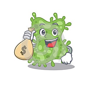 Rich salmonella enterica cartoon design holds money bags photo