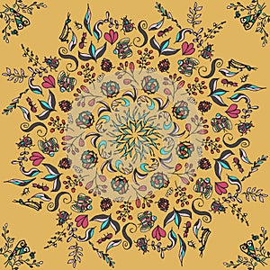 Rich with saturated colors, beautiful medieval ornament. Seamless floral pattern of circular floral elements. Vector design of man
