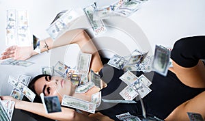 Rich sexy woman lies on money. Currency, women, winning. Sexy female and dollar bills. Sexy woman lying in dollar bills