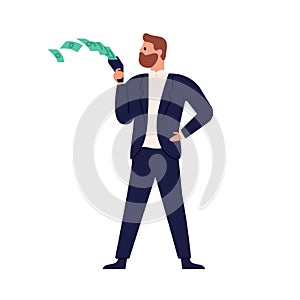 Rich stylish business male spending money vector flat illustration. Businessman throwing out banknotes from wallet