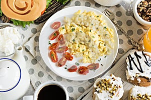 A rich and varied breakfast. Flat lay.