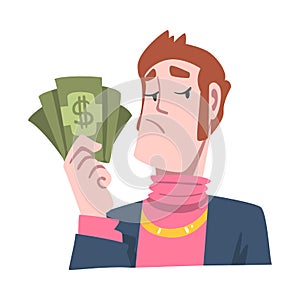 Rich and Wealthy Man Character Holding Dollar Banknote at Half Length Vector Illustration