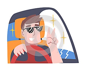 Rich and Wealthy Man Character in Sunglasses Driving Expensive Car and Gesturing Vector Illustration