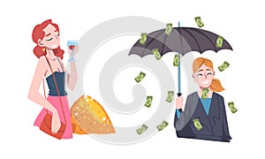Rich and Wealthy Woman Character with Glass of Wine and Umbrella with Falling Banknote Vector Set