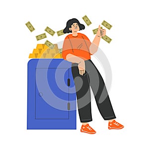 Rich Woman Character Leaning on Blue Safe with Banknotes and Gold Bar Showing Thumb Up Vector Illustration