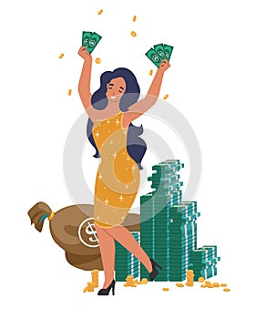 Rich woman with dollar bills in hands standing in money rain, flat vector illustration. Financial success, wealth.