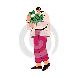 Rich woman holding much money, cash in hands. Wealthy character, millionaire with finance fortune, lot of paper bills