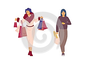 Rich woman in luxury clothes with shopping bags and poor woman who lacks money on food, flat vector illustration