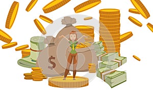 Rich woman with money fortune, successful female cartoon character, vector illustration