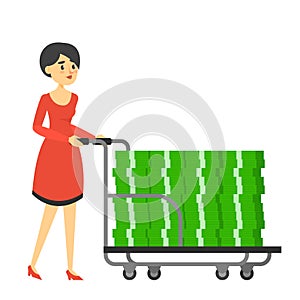 Rich woman in red dress carrying hand truck