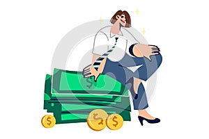 Rich woman sits on stack of money earned in business, and thinks about where to invest money