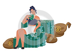 Rich woman sitting on cash money stack, flat vector illustration. Financial success, wealth.