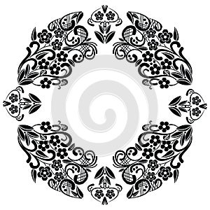 Richelieu embroidery stitches inspired lace pattern with floral elements: leaves, swirl, leaves in black and white in lace in oval