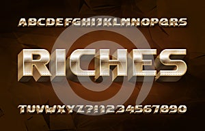 Riches alphabet font. 3d golden letters and numbers. Abstract polygonal background.