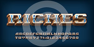 Riches alphabet font. 3D ornate letters and numbers with gem insert.