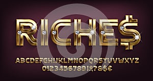 Riches alphabet font. Golden metal letters and numbers with diamonds.