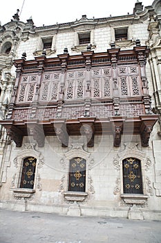 Richly carved balconies, Plaza Mayor, Lima, Peru