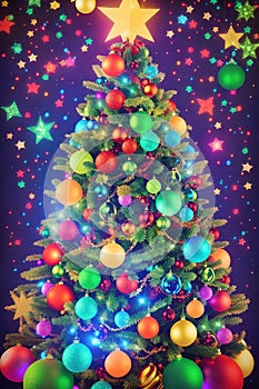 Richly decorated Christmas tree on a blue background with stars