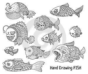 Richly decorated fish hand drawing