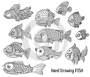Richly decorated fish hand drawing