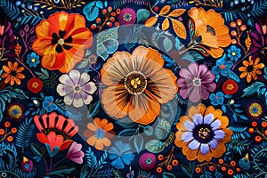 Richly detailed floral embroidery design featuring vibrant flowers in orange, red, and purple