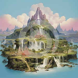 richly detailed illustration of a fantasy island