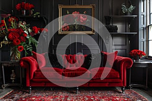 A richly hued setting with a luxurious red velvet sofa and coordinating floral arrangements