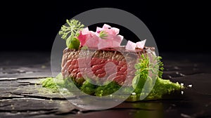 Richly Layered Beef Dish With Pink Flowers In Green Academia Style
