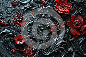 Richly ornate black red wall. Generate Ai