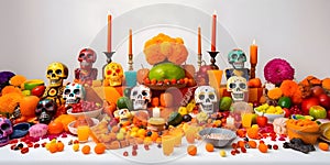 Richly set feast orange juices, human skulls, candles, flowers. For the day of the dead and Halloween
