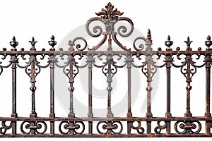 richly textured wrought iron fence detail on white background