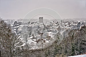 Richmond North Yorkshire, including Richmond Castle on a bleak, cold snowy day