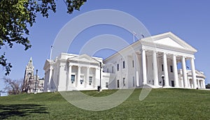 Richmond, Virginia statehouse with green lawn photo