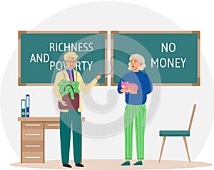 Richness and poverty concept. Happy rich businessman with bag of money and poor thriftiness woman