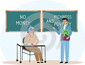 Richness and poverty concept. Happy rich businessman with bag of money and poor thriftiness woman