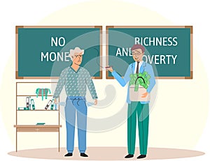 Richness and poverty concept. Happy rich businessman with bag of money and poor thriftiness woman