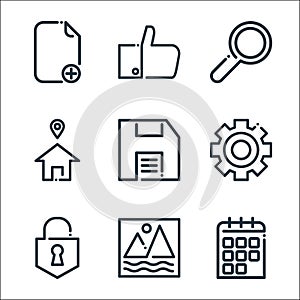 ricon line icons. linear set. quality vector line set such as calendar, image, lock, processing, save option, address, search, photo