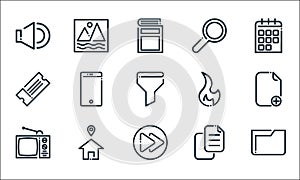 ricon line icons. linear set. quality vector line set such as folder, next button, television, copy option, address, ticket, fire photo