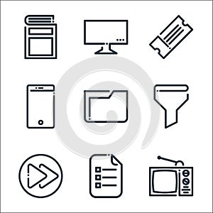 ricon line icons. linear set. quality vector line set such as television, to do list, next button, filter, folder, smartphone, photo