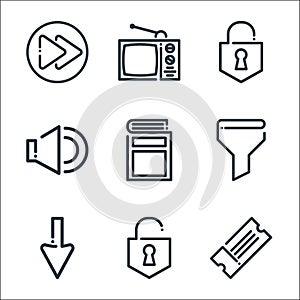 ricon line icons. linear set. quality vector line set such as ticket, unlocked, down arrow, filter, book, loud speaker, lock, photo