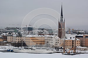 Riddarholmen church belltower as seen from Mariaberget. Monteliusvagen. Stockholm. Sweden