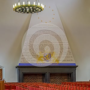 The Ridderzaal in The Hague, with article 1 of the Dutch constitution on the mantelpiece