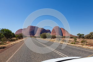 A ride in a car to Kata Tjuta monolits, access road view, Yulara, Ayers Rock, Red Center, Australia