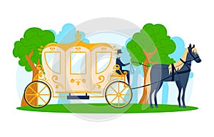 Ride carriage transport with horse, vehicle at nature vector illustration. Transportation by old coach, man travel with