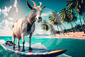 Ride goat ride on a surfboard on the waves island palm trees. Generative AI technology