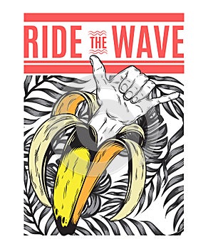 Ride the wave. Vector pattern with hand drawn illustration of banana with shaka hand isolated