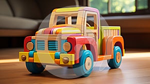 Rideable full size Toy truck made from colorful wooden Art photo